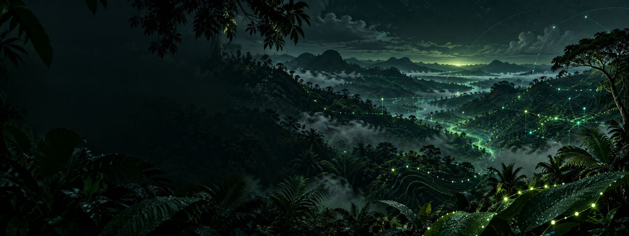 A nocturnal rainforest threaded with a subtle network of luminous signals.