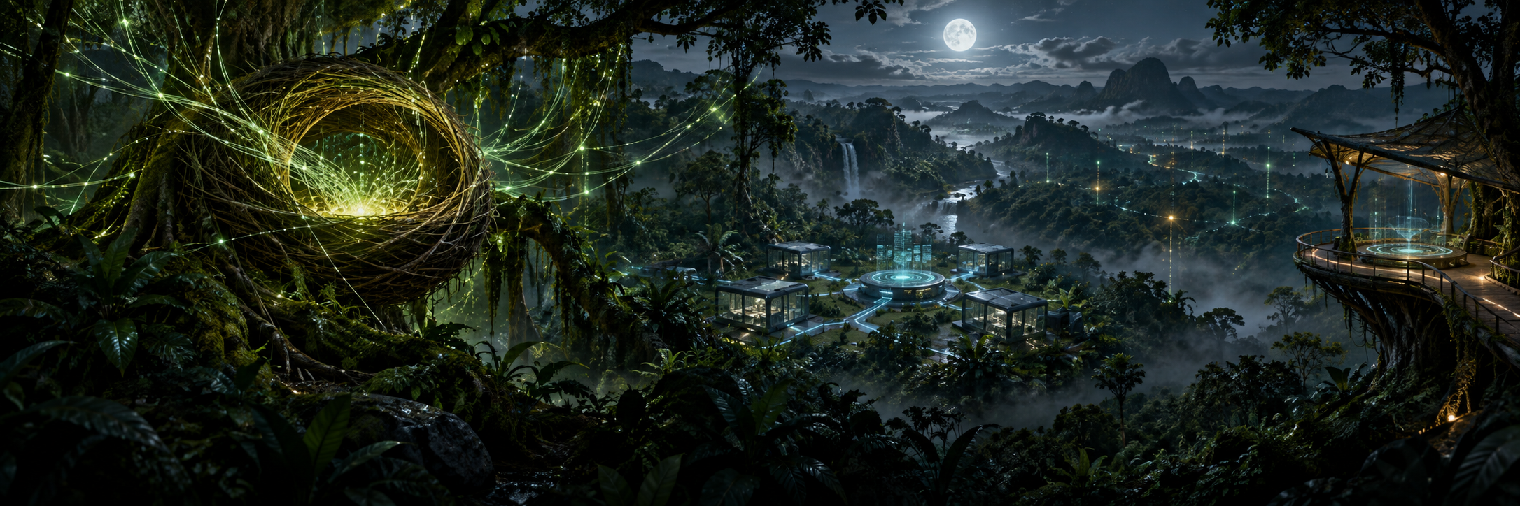 A luminous signal-gathering nest in the rainforest canopy.